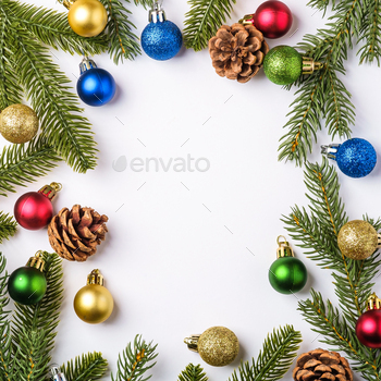 Christmas composition. Colorful ball ornament, pine cones and fir needles decorations / Photodune, Misc