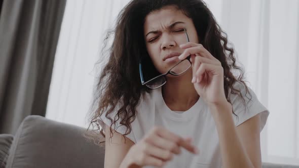 Frustrated Black Female Freelancer Overworked By Computer Feel Headache Migraine Take Off Eyewear