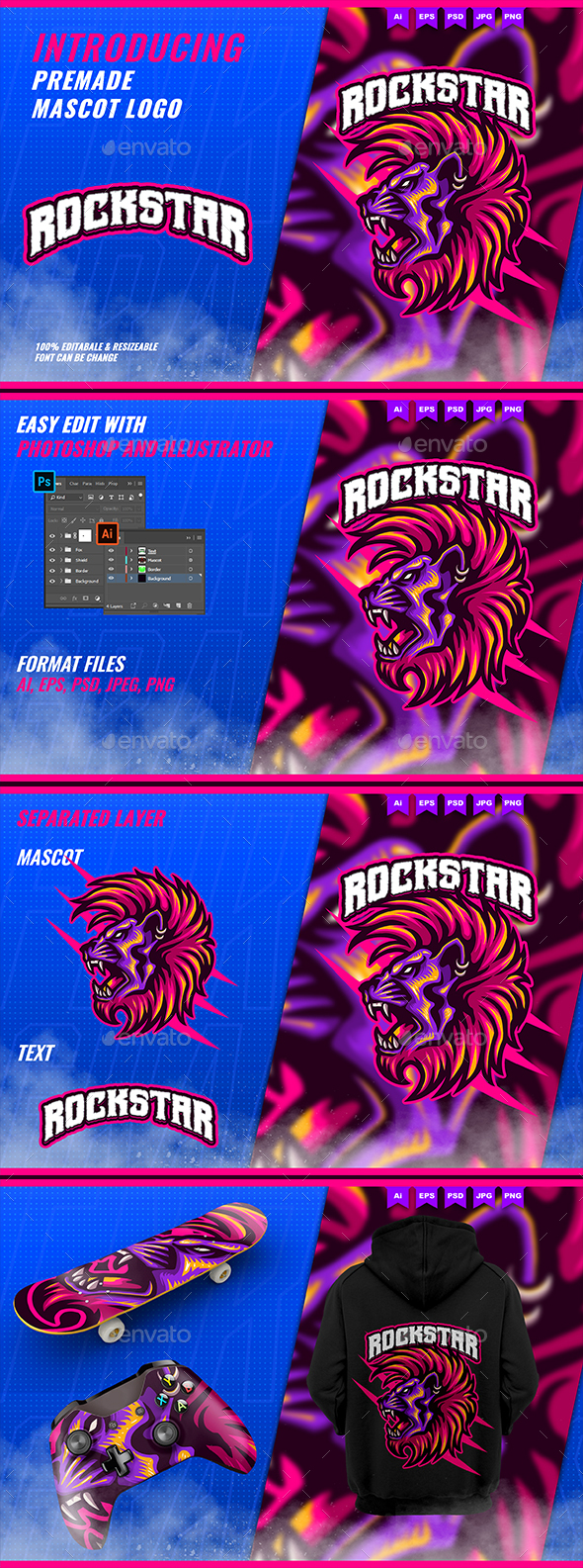 Lion Rockstar - Mascot Esport Logo Template