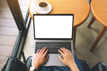 Top view mockup image of a woman using and typing on laptop keyboard with blank white desktop screen / Photodune, Misc