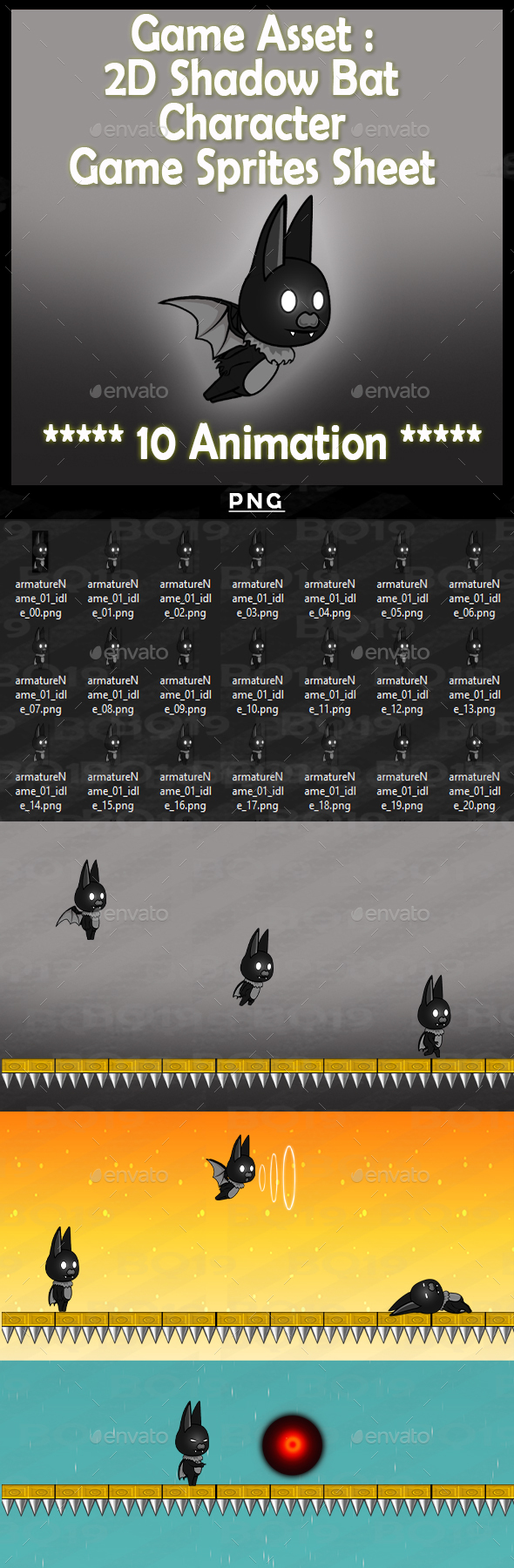 Game Asset :2D Shadow Bat Character Game Sprites Sheet