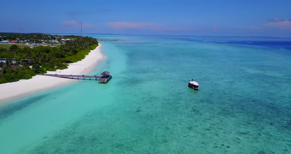 Natural fly over abstract view of a white sandy paradise beach and aqua blue water background in col