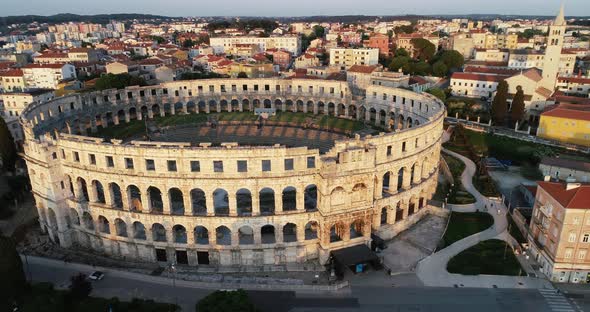 Aerial view of Pula arena and amphitheater in Pula old town, Croatia.