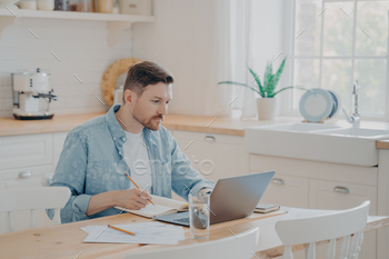 Portrait of handsome focused businessman working on project remotely from home / Photodune, Misc