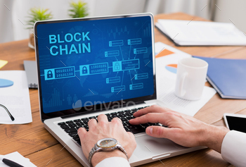 on. Fintech with encrypted ledger blocks chained on computer screen, cyber crime. Businessman is programming with technology, double exposure, collage