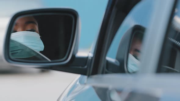 Closeup Reflection in Mirror African American Young Beautiful Girl Afro Woman Driver Wears Medical