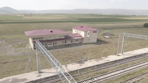 Samtskhe-Javakheti, Georgia - August 20 2021: Aerial view of Ninotsminda railway station
