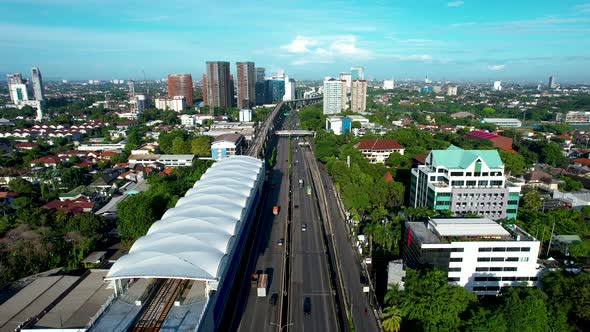 Aerial view of Jakarta Central Business District shot from a drone at sunrise.