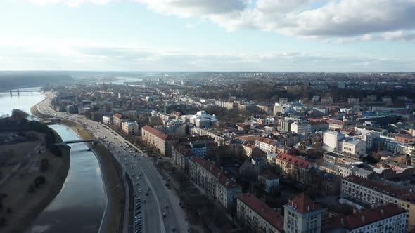 AERIAL: Sunny Day Above European Capital of Culture 2022 Kaunas City with Nemunas River