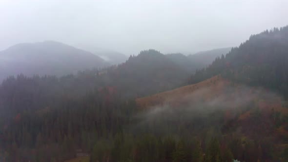 The Mountain Valley of the Carpathians Is Covered with Fog and Rain in Ukraine Near the Village of