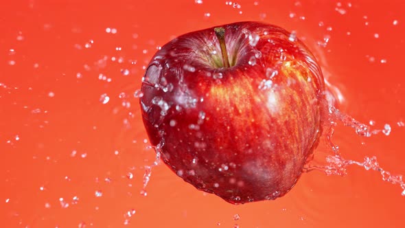 Super Slow Motion Shot of Fresh Red Apple Falling Into Water on Red Gradient Background at 1000Fps.