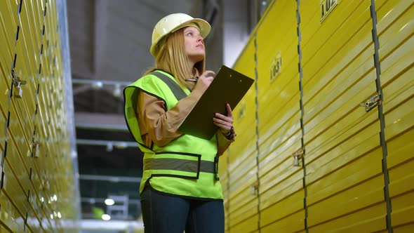 Portrait of Thoughtful Young Woman in Uniform Standing in Warehouse Filling in Paperwork