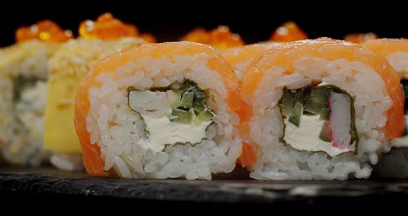 Sushi. Rolls With Different Fillings Inside. Japanese Cuisine