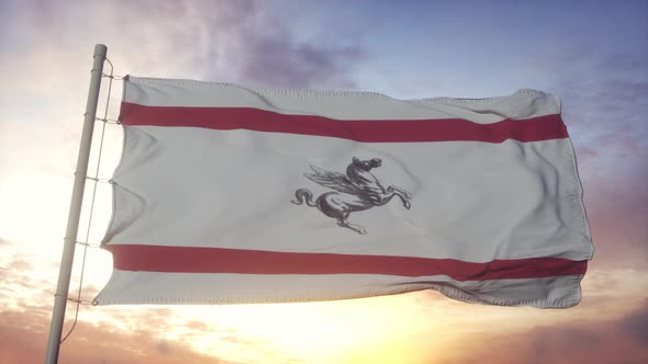 Tuscany Flag Italy Waving in the Wind Sky and Sun Background