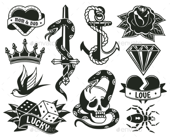 Old School Tattoo Symbols Heart Knife Knot