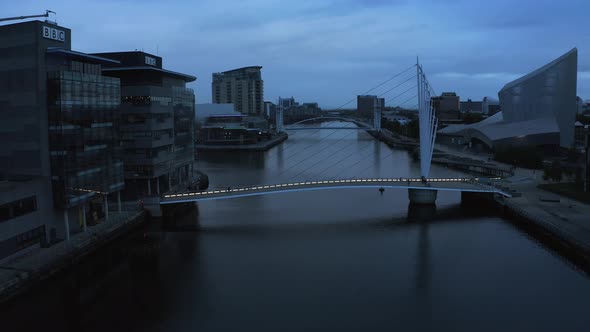 Aerial View of the Media City UK is on the Banks of the Manchester at Dusk