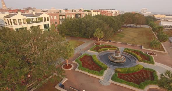 Upward Aerial Shot of Waterfront Park Pineapple Fountain in Downtown Charleston, SC