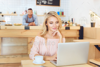 beautiful smiling young woman using laptop in cafe / Photodune, Misc