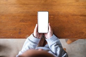 Top view mockup image of a woman holding mobile phone with blank white desktop screen / Photodune, Misc