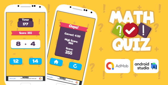 Math Quiz Game Android Studio Project with AdMob Ads + Ready to Publish