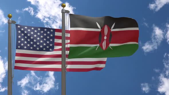 Usa Flag Vs Kenya Flag On Flagpole