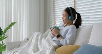 Asia teen girl people enjoy coffee in break time self relax happy joy with good song / Photodune, Misc