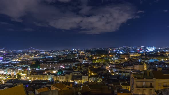 Lisbon Aerial Panorama View of City Centre with Illuminated Building at Autumn Night Timelapse