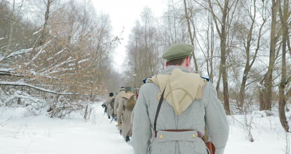 Men Dressed As White Guard Soldiers Of Imperial Russian Army In Russian Civil War Times Marching