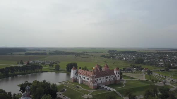 Circular Aerial Photography From Quadcopter of the Mir Castle in Belarus, Which Is Located in the