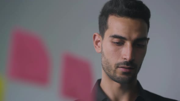 Headshot Portrait of Handsome Bearded Middle Eastern Man Thinking Writing on Sticky Notes on Glass