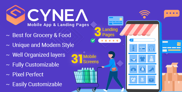 CYNEA - Grocery Mobile App & Landing Pages PSD Template