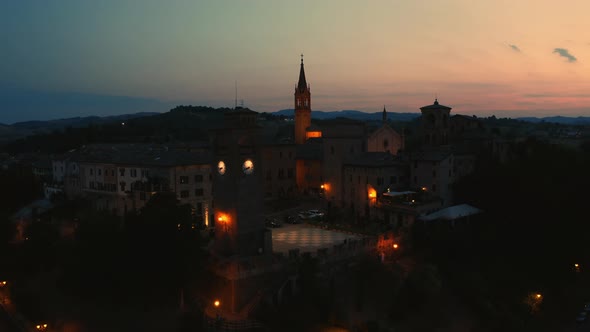 Aerial view of Castelvetro village by night. Modena Italy.