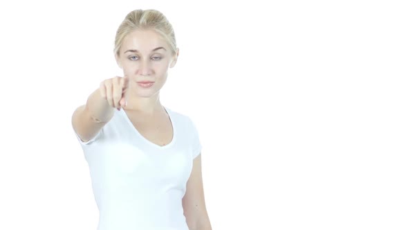 Woman Pointing At Camera, White Background