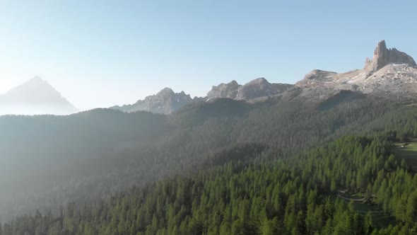 Aerial Flying over Mountain Forest at Croda da Lago in Dolomites Alps Italy