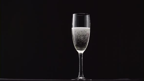 Glass of Champagne with a Rotating Bubbles Inside on a Black Background