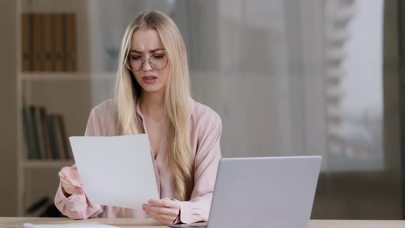 Exhausted Frustrated Caucasian Manager Worker Girl Business Woman in Office with Laptop Problems