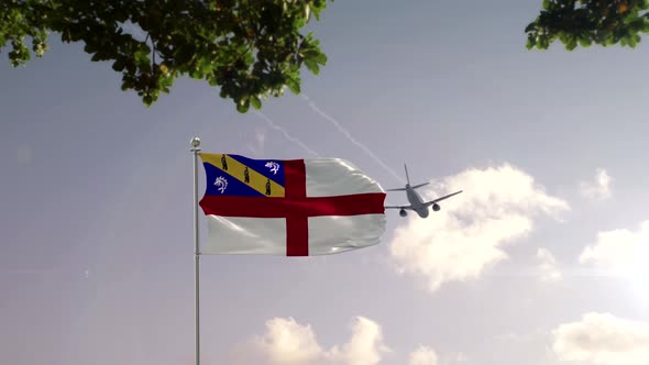 Herm Flag With Airplane And City -3D rendering