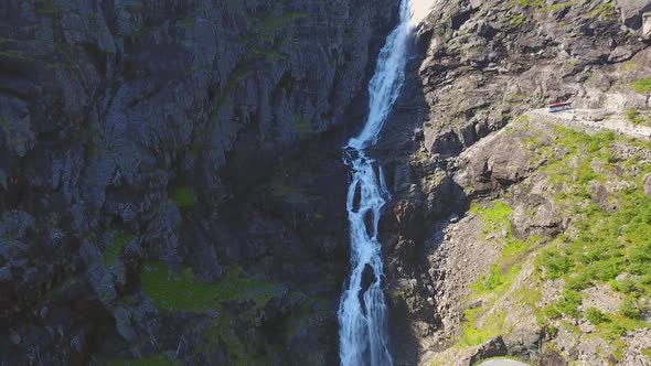 Aerial View of Stigfossen Waterfall on Trollstigen Road, Norway