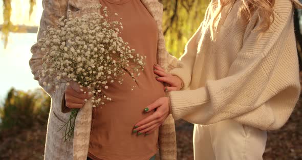 Pregnant Mother with Blonde Adult Daughter in Beige Clothes in Autumn Evening Park