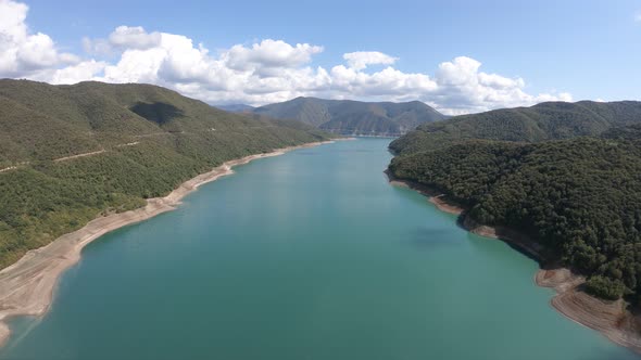 Aerial view of Zhinvali Reservoir. Ananuri Lake with blue water in Georgia.