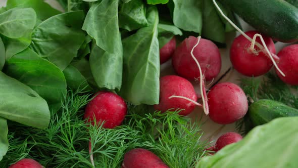 Top View Fresh Vegetables and Herbs on Table on Kitchen