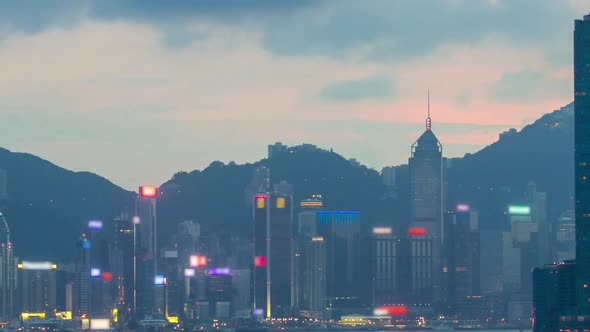 Hong Kong Day to Night Aerial View From Kowloon Bay Downtown Timelapse