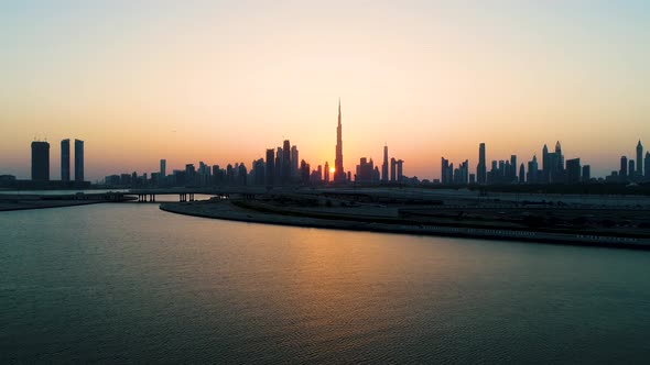 Aerial view of Dubai cityscape during scenic sunset, U.A.E.