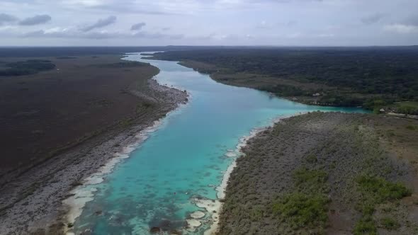 Aerial view on Los Rapidos a beutiful river near Bacalar in Yucatan in Mexico