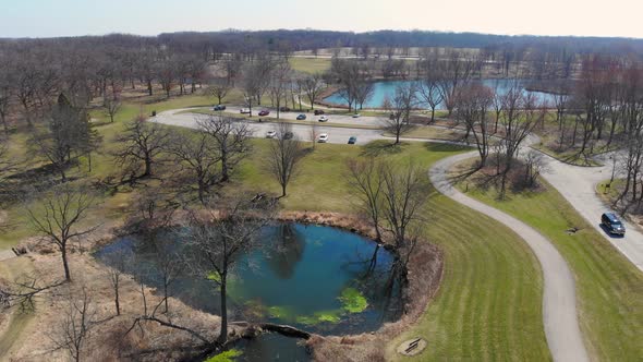 Flying Over a Park with Lakes and Bike Paths in Wauconda Illinois