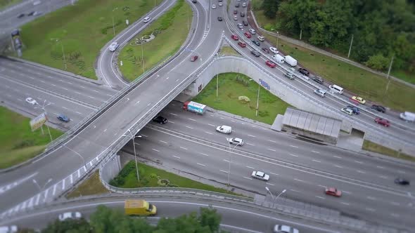 Aerial Shot of Busy Road Junction, Fast and Slow-Driving Cars