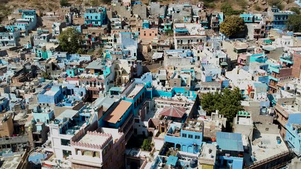 Aerial establishing shot of the Blue city, Jodhpur, Rajasthan, India