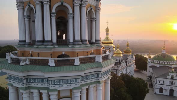 Kyiv-Pechersk Lavra in the Morning at Sunrise. Ukraine. Aerial View