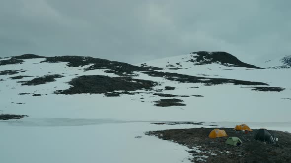 Aerial Drone Shot of Altitude Camp in Snow