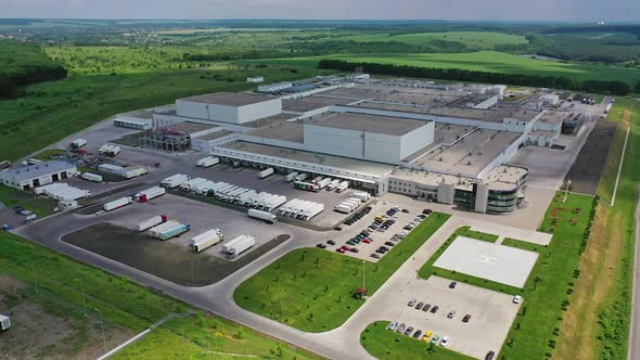 Industrial area from drone. Aerial drone view of roofs industrial building